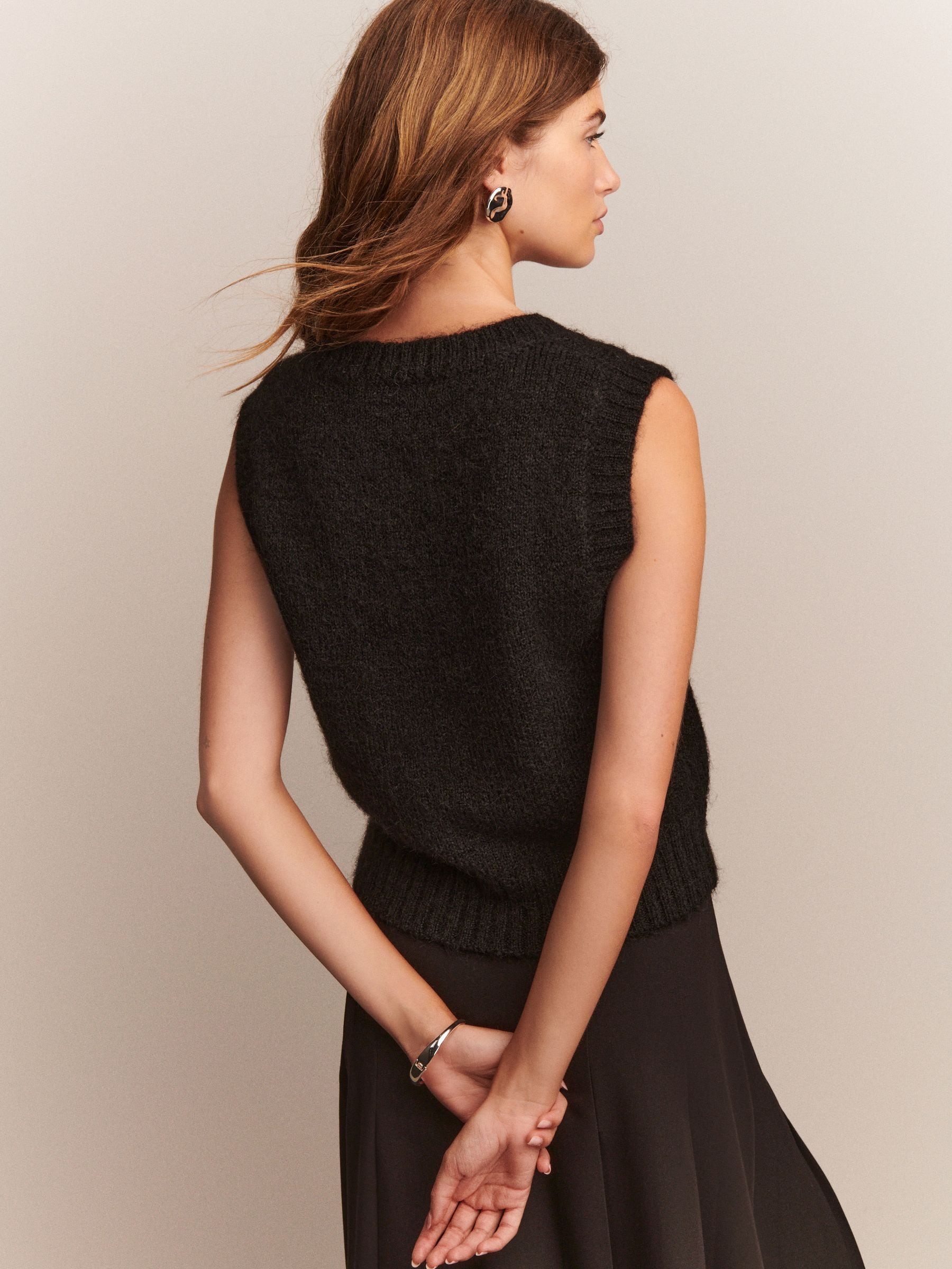 Buy Black Scoop Neck Knitted Sleeveless Tank Vest with Wool from