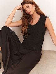 Black Scoop Neck Knitted Sleeveless Tank Vest with Alpaca Wool - Image 5 of 8