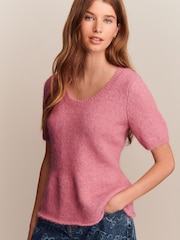 Blush Pink Scoop Neck Peplum Knitted Top With Alpaca Wool - Image 1 of 8