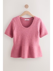 Blush Pink Scoop Neck Peplum Knitted Top With Alpaca Wool - Image 3 of 11
