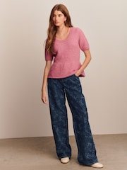 Blush Pink Scoop Neck Peplum Knitted Top With Alpaca Wool - Image 6 of 11