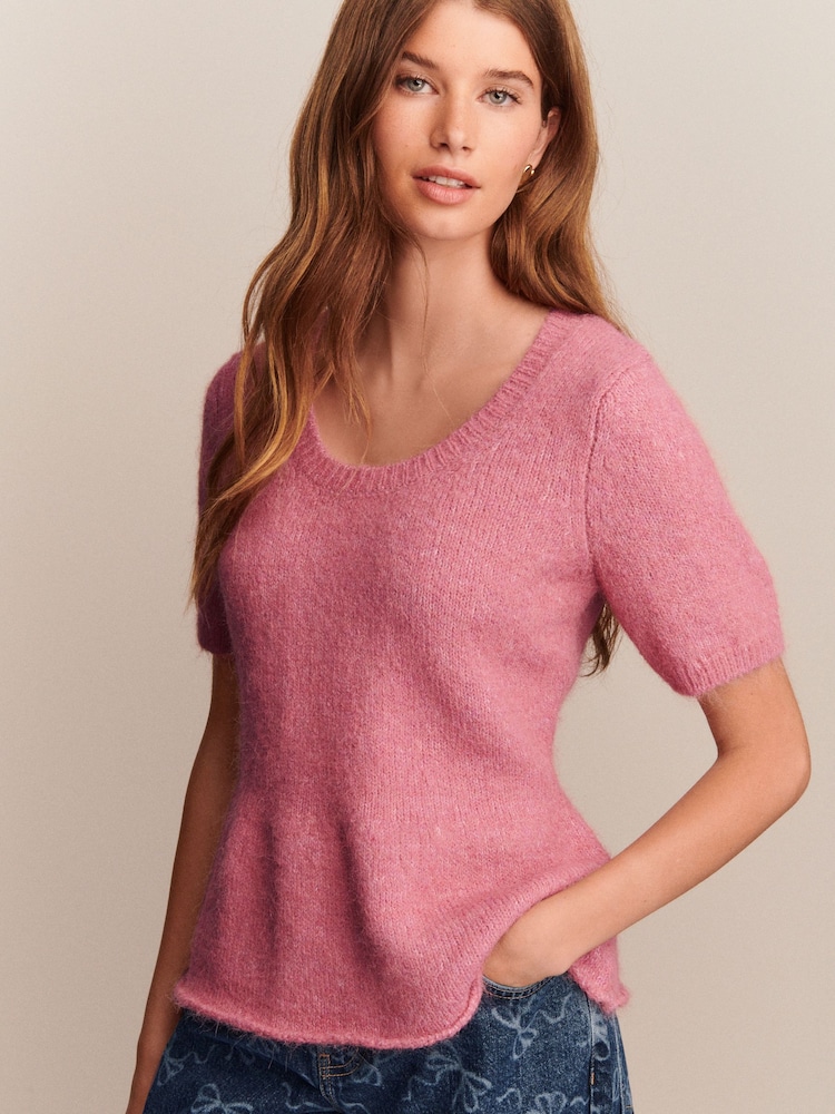Blush Pink Scoop Neck Peplum Knitted Top With Alpaca Wool - Image 8 of 8