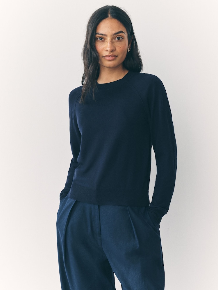 Navy Blue Soft Touch Crew Neck Cotton Rich Jumper - Image 1 of 8