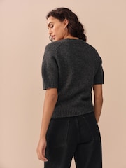 Charcoal Grey 100% Lambswool V Neck Knitted Short Sleeve Jumper - Image 3 of 8