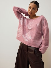 Blush Pink Off The Shoulder Sequin Argyle Jumper - Image 1 of 8