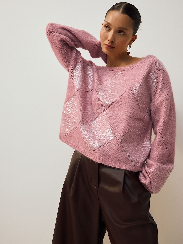 Blush Pink Off The Shoulder Sequin Argyle Jumper - Image 1 of 8