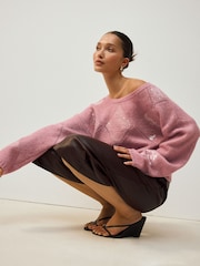 Blush Pink Off The Shoulder Sequin Argyle Jumper - Image 2 of 8
