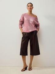 Blush Pink Off The Shoulder Sequin Argyle Jumper - Image 3 of 8