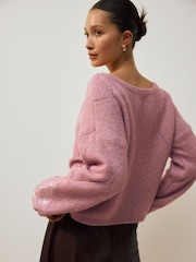 Blush Pink Off The Shoulder Sequin Argyle Jumper - Image 4 of 8