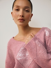 Blush Pink Off The Shoulder Sequin Argyle Jumper - Image 5 of 8