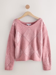 Blush Pink Off The Shoulder Sequin Argyle Jumper - Image 6 of 8