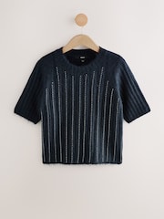 Navy Blue Gem Ribbed Crew Neck Knitted T-Shirt With Alpaca Wool - Image 11 of 11