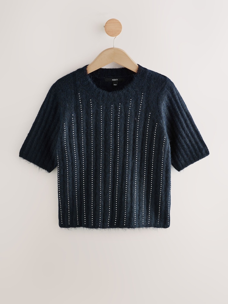 Navy Blue Gem Ribbed Crew Neck Knitted T-Shirt With Alpaca Wool - Image 11 of 11