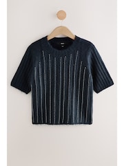 Navy Blue Gem Ribbed Crew Neck Knitted T-Shirt With Alpaca Wool - Image 1 of 11