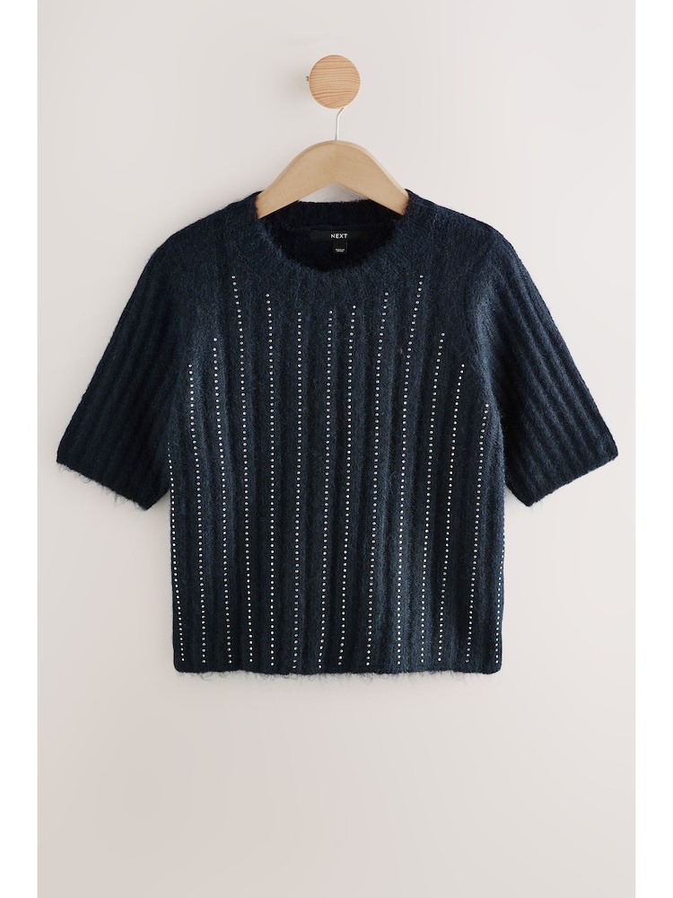 Navy Blue Gem Ribbed Crew Neck Knitted T-Shirt With Alpaca Wool - Image 1 of 11