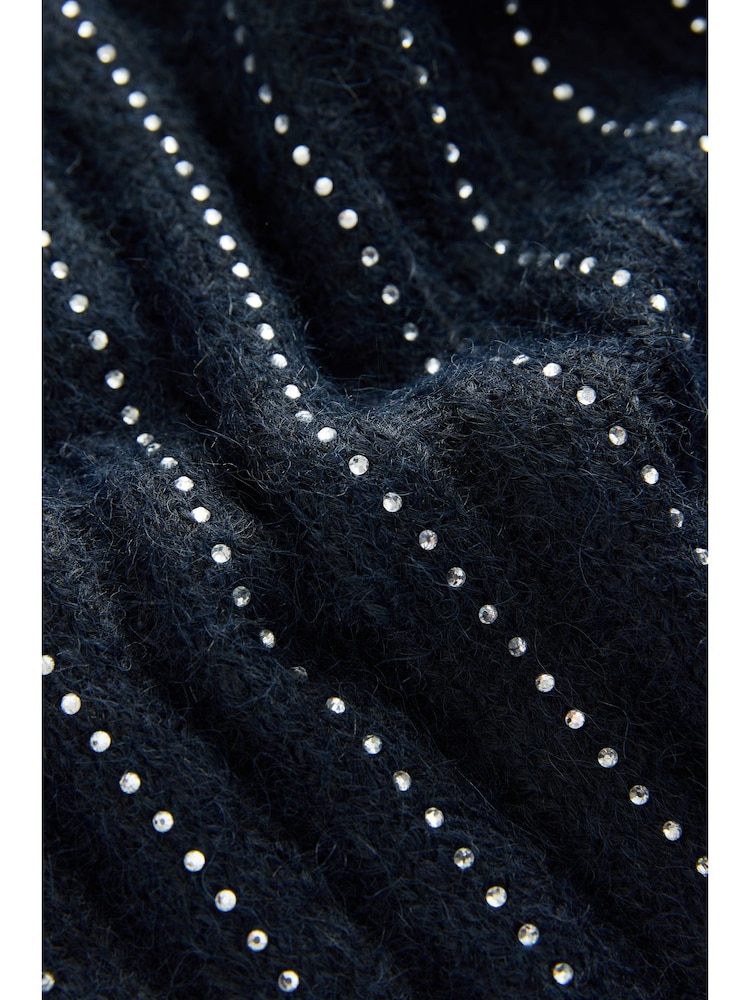 Navy Blue Gem Ribbed Crew Neck Knitted T-Shirt With Alpaca Wool - Image 2 of 11