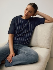 Navy Blue Gem Ribbed Crew Neck Knitted T-Shirt With Alpaca Wool - Image 4 of 11