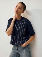 Navy Blue Gem Ribbed Crew Neck Knitted T-Shirt With Alpaca Wool - Image 5 of 11