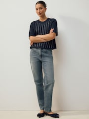 Navy Blue Gem Ribbed Crew Neck Knitted T-Shirt With Alpaca Wool - Image 6 of 11