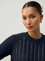 Navy Blue Gem Ribbed Crew Neck Knitted T-Shirt With Alpaca Wool - Image 7 of 11