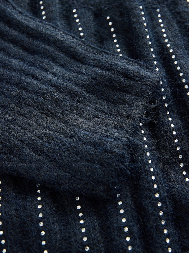 Navy Blue Gem Ribbed Crew Neck Knitted T-Shirt With Alpaca Wool - Image 8 of 8