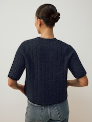 Navy Blue Gem Ribbed Crew Neck Knitted T-Shirt With Alpaca Wool - Image 8 of 11