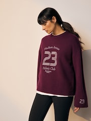 Burgundy Red Sports Graphic Embroidered Jumper With Wool - Image 4 of 9