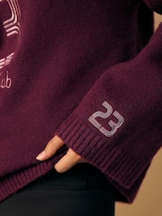 Burgundy Red Sports Graphic Embroidered Jumper With Wool - Image 6 of 9