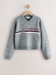Grey Sports Slogan V-Neck Knitted Jumper - Image 11 of 13