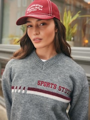 Grey Sports Slogan V-Neck Knitted Jumper - Image 9 of 13