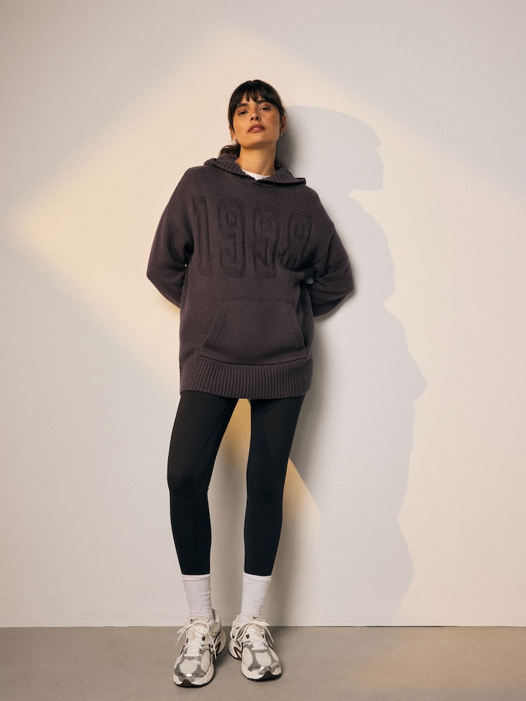 Chocolate Brown Graphic Knitted Hoodie Jumper With Wool - Image 2 of 9