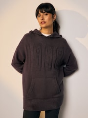 Chocolate Brown Graphic Knitted Hoodie Jumper With Wool - Image 3 of 9