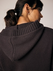 Chocolate Brown Graphic Knitted Hoodie Jumper With Wool - Image 4 of 9