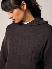 Chocolate Brown Graphic Knitted Hoodie Jumper With Wool - Image 6 of 9