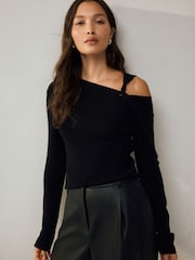 Black Soft Touch Cotton Rich Twist Shoulder Long Sleeve Jumper - Image 10 of 12