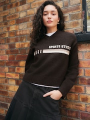 Chocolate Brown Sports Slogan V-Neck Knitted Jumper - Image 1 of 9
