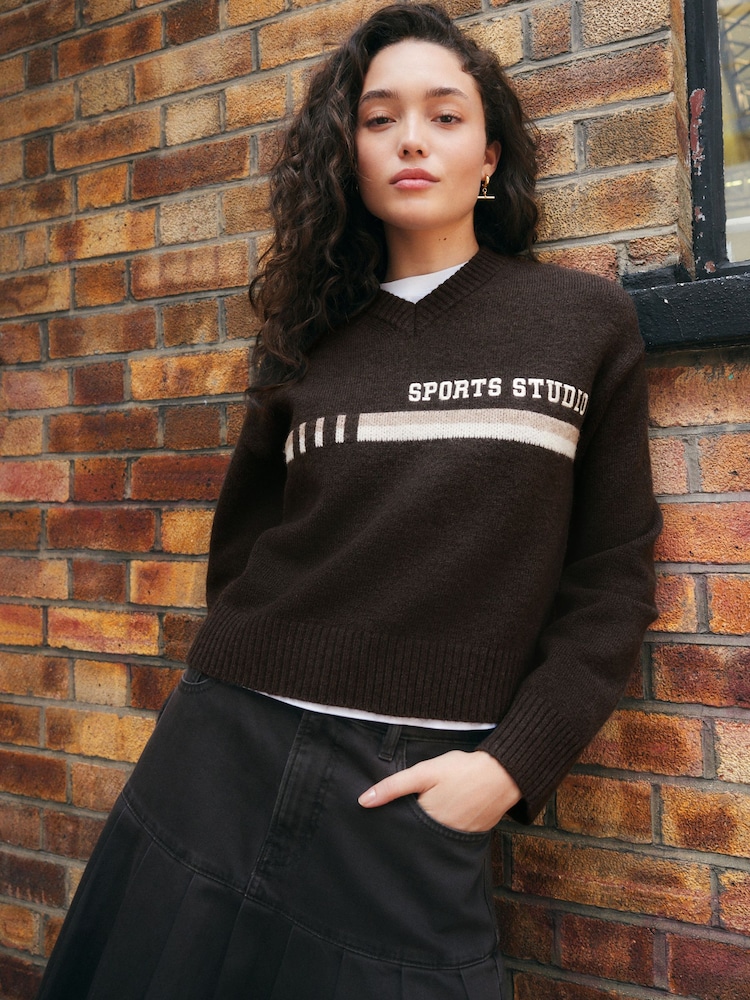 Chocolate Brown Sports Slogan V-Neck Knitted Jumper - Image 1 of 9