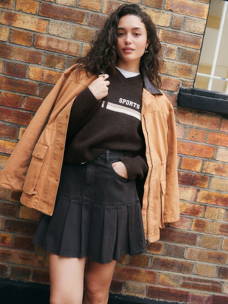 Chocolate Brown Sports Slogan V-Neck Knitted Jumper - Image 2 of 9