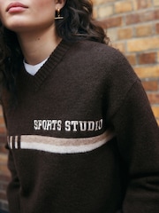 Chocolate Brown Sports Slogan V-Neck Knitted Jumper - Image 4 of 9