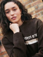 Chocolate Brown Sports Slogan V-Neck Knitted Jumper - Image 5 of 9