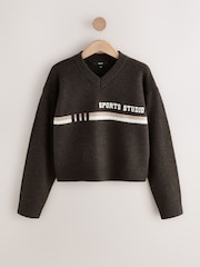 Chocolate Brown Sports Slogan V-Neck Knitted Jumper - Image 7 of 9