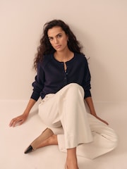 Navy Blue 100% Lambswool N.Premium Crew Neck Henley Jumper - Image 1 of 7
