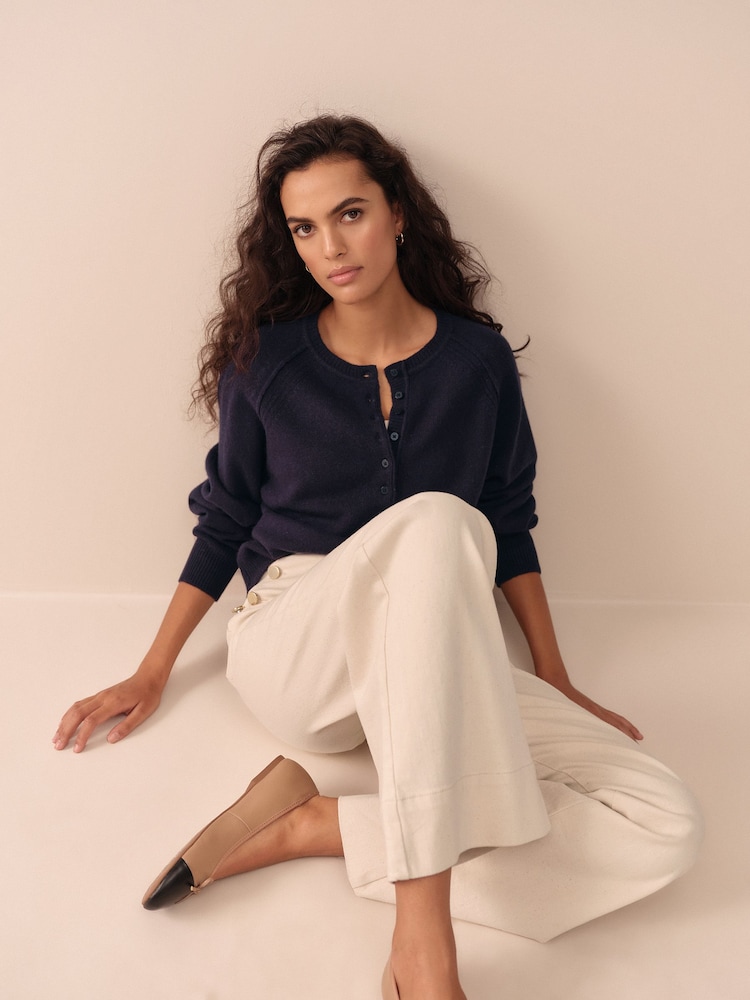 Navy Blue 100% Lambswool N.Premium Crew Neck Henley Jumper - Image 1 of 7