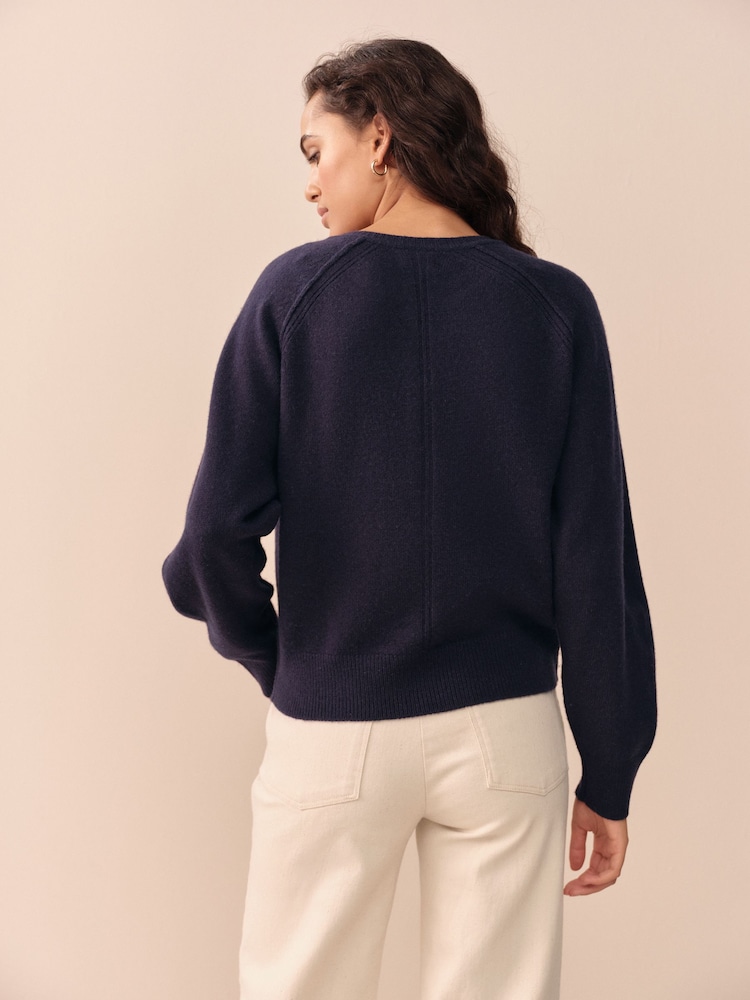 Navy Blue 100% Lambswool N.Premium Crew Neck Henley Jumper - Image 2 of 7