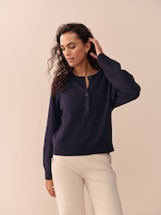 Navy Blue 100% Lambswool N.Premium Crew Neck Henley Jumper - Image 4 of 7