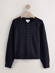 Navy Blue 100% Lambswool N.Premium Crew Neck Henley Jumper - Image 5 of 7