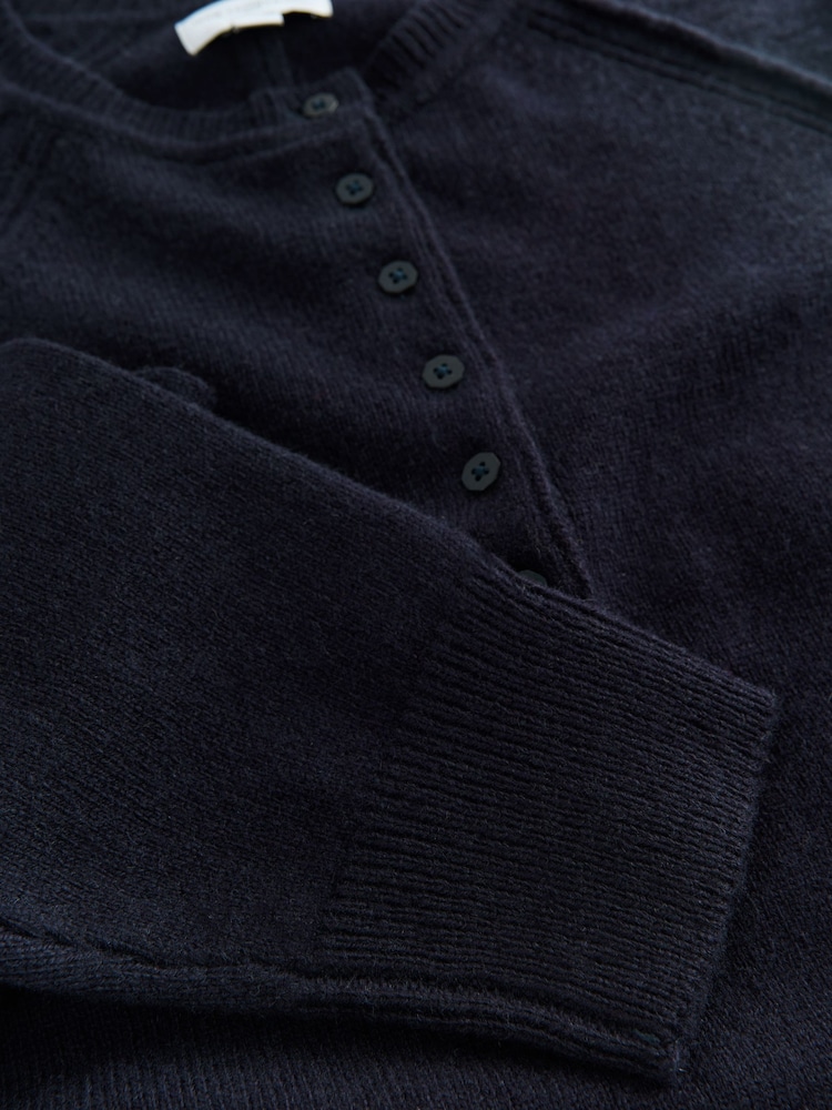 Navy Blue 100% Lambswool N.Premium Crew Neck Henley Jumper - Image 7 of 7