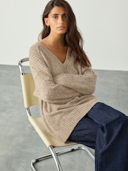 Neutral Neppy Cotton And Wool Blend Longline V-Neck Jumper - Image 1 of 8