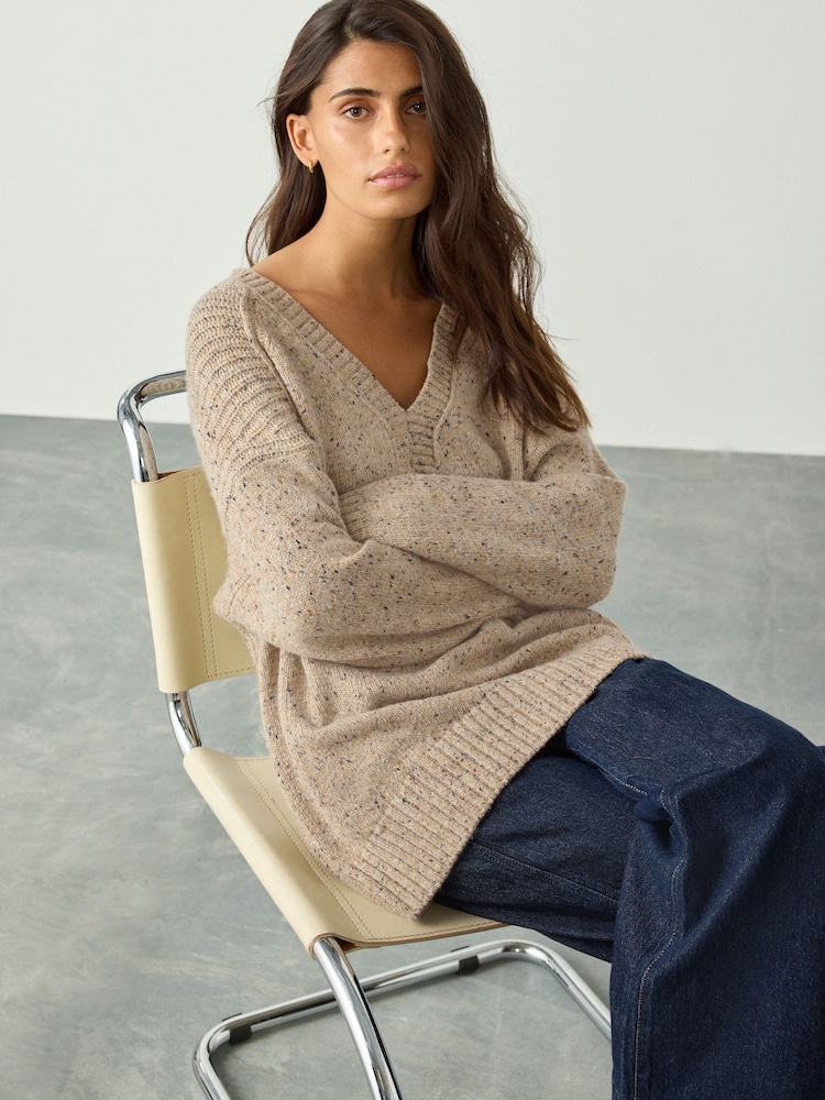 Neutral Neppy Cotton And Wool Blend Longline V-Neck Jumper - Image 1 of 8