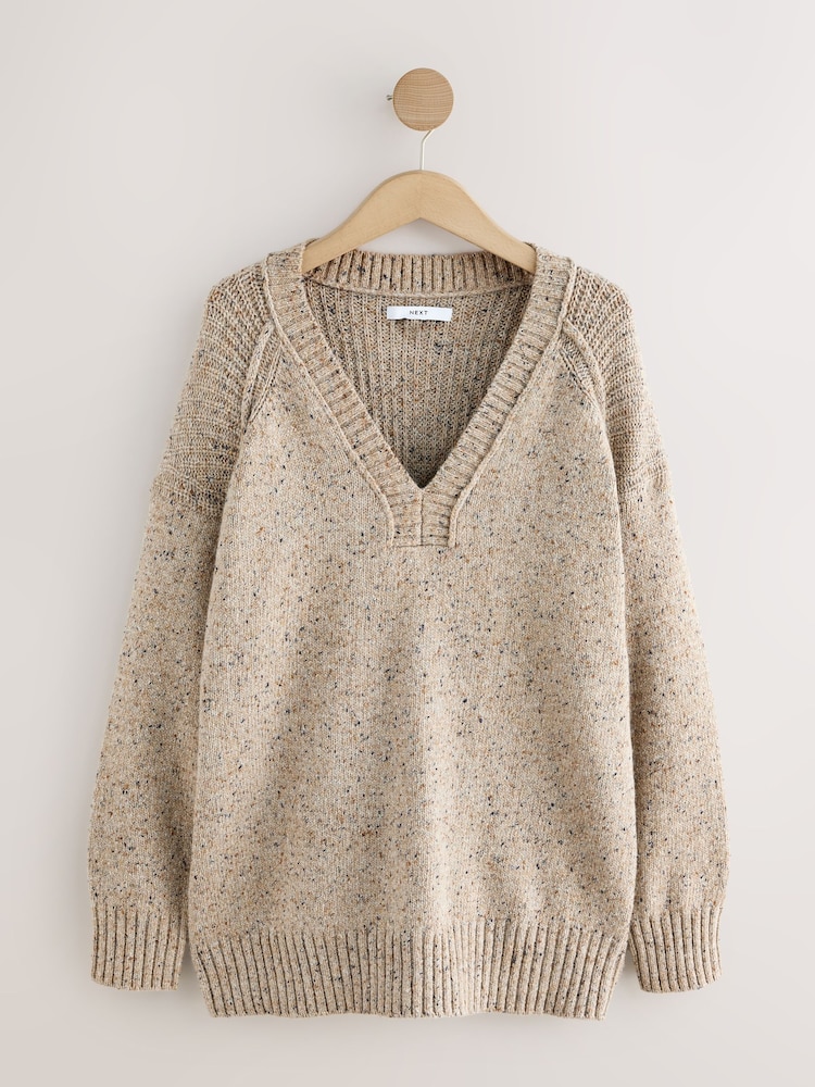 Neutral Nappy Cotton And Wool Blend Longline V-Neck Jumper - Image 1 of 8